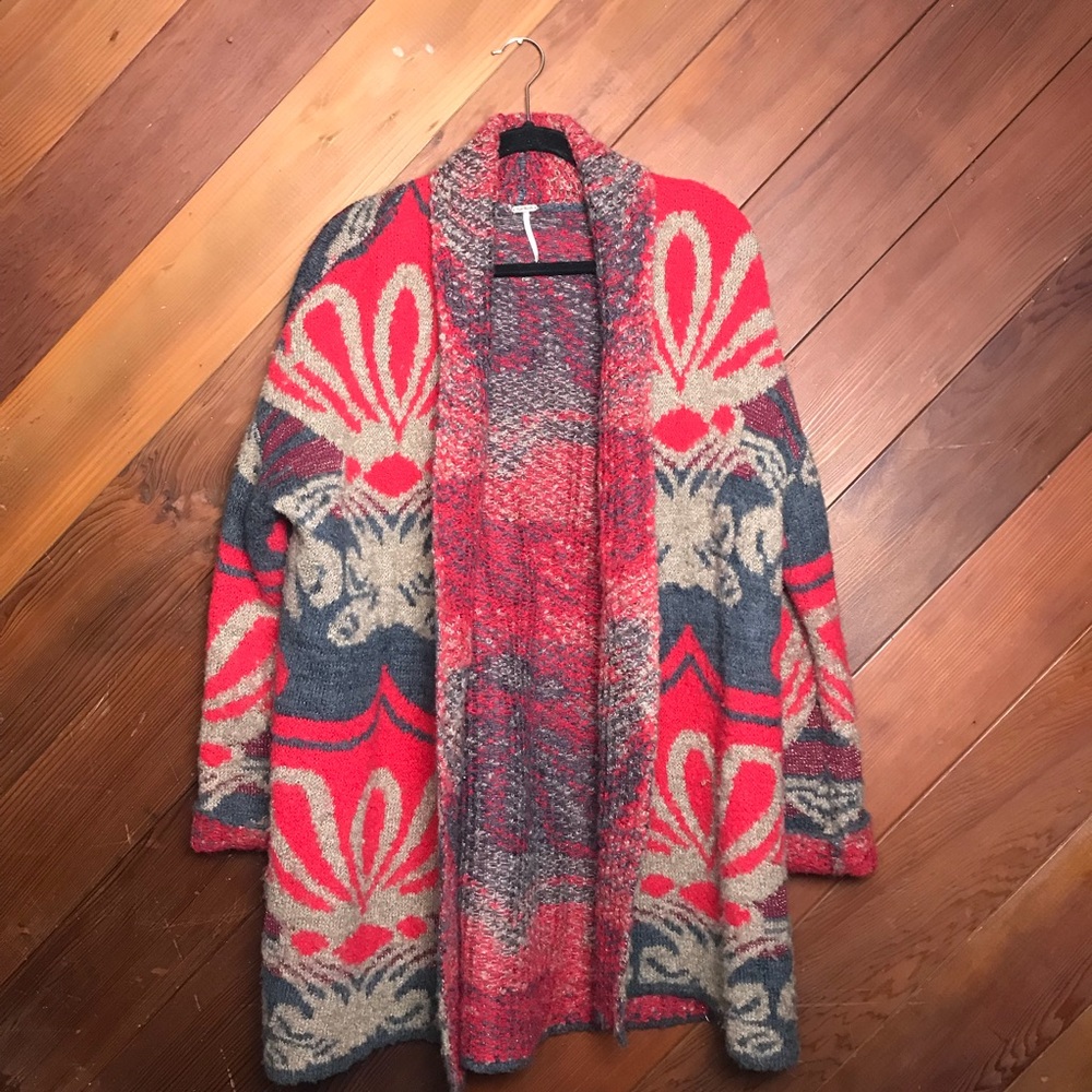 Free People Red Patterned Cardigan Size Medium